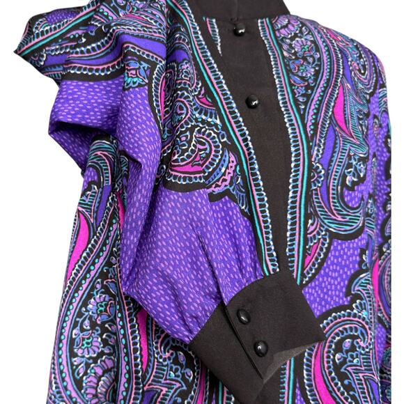 Bob Mackie Size S Long Sleeve Satin Paisley Blouse‎ Purple Eclectic Wearable Art - Picture 5 of 12